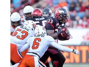 Calgary Stampeders Jerome Messam runs against the B.C. Lions in first half CFL Western Semi-Final action at McMahon stadium in Calgary on Sunday November 15, 2015.