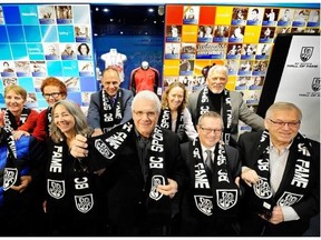 B.C. Sports Hall of Fame Class of 2016 inductees were announced Thursday. Front row from left: Gary Manson (representing sports pioneer Harry Manson), Wendy Long (former Sun reporter), Wally Buono (B.C. Lions GM and coach), Arthur Griffiths (former Canucks owner) and Bob Brown (representing 1994-95 Kamloops Blazers). Back row: Allison McNeill (SFU and Team Canada coach), Diane Clement (Richmond track club founder), Carl Valentine (soccer star), Geri Donnelly (soccer star) and Dave Cutler (CFL star).