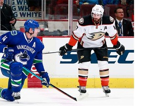 Former teammates Alex Burrows of the Vancouver Canucks (left) and Ryan Kesler of the Anaheim Ducks will get reacquainted tonight when the Ducks visit Rogers Arena.