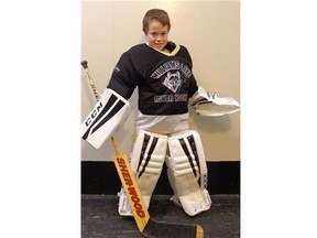 Eight-year-old Amdeus Isnardy, shown in this family handout photo, tries out goalie gear donated by Habs netminder Carey Price to his old junior hockey association. Boxes upon boxes of hockey equipment have arrived in Williams Lake, B.C., thanks to Montreal Canadiens' goalkeeper Carey Price and his passion to give young players a chance to shoot for the NHL. THE CANADIAN PRESS/HO