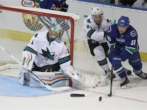 Former first-round draft choice Brendan Gaunce (right, trying a wrap-around against the San Jose Sharks during NHL pre-season action in Colwood, near Victoria, in September) will make his NHL regular-season debut Thursday in Dallas against the Stars.