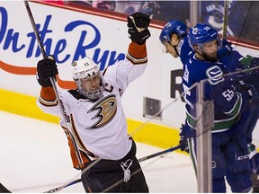 Anaheim Ducks' Ryan Getzlaf (15) celebrates his goal against the Vancouver Canucks during third period NHL action in Vancouver, B.C., on Thursday February 18, 2016.
