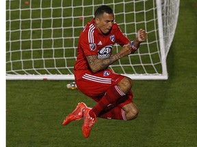 New Whitecap Blas Perez, formerly of FC Dallas, celebrates a goal against the San Jose Earthquakes at Toyota Stadium on March 7, 2015 in Frisco, Texas.