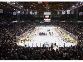 Stuffed animals are thrown onto the ice.