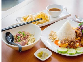 A trio of favourite dishes at The Malaysian Hut Restaurant: (left to right) Lo Mee, Roti and Nasi Lemak,