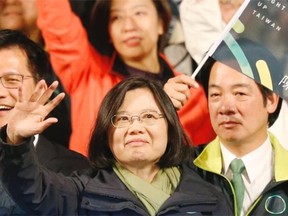 Taiwan’s Democratic Progressive Party, DPP, presidential candidate Tsai Ing-wen waves as she celebrates winning the presidential election on Saturday. Tsai defeated the China-friendly party that has led the self-governing island for eight years and soon to be come its first female head of state.