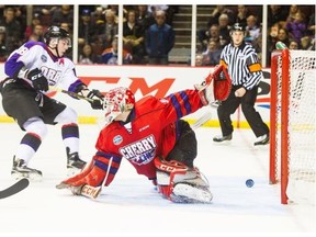 Team Orr’s Pierre-Luc Dubois (18) of the Cape Breton Screaming Eagles fires the puck past Team Cherry’s goalie Zach Sawchenko (31) of the Moose Jaw Warriors during the CHL/NHL Prospects Game in Vancouver, BC, January, 28, 2016.