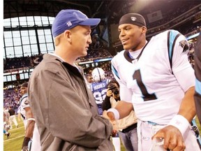 Then-Indianapolis Colts quarterback Peyton Manning (left) in 2011 while sidelined for the entire season with a severe neck injury, meets rookie quarterback Cam Newton of the Carolina Panthers after an NFL game in Indianapolis. The two will face each other in Super Bowl 50 in Santa Clara, Calif., on Feb. 7, 2016.