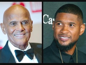 This photo combo of file photos shows Harry Belafonte, left, and Usher. During an hour-long conversation moderated by Soledad OíBrien, on Friday, Oct. 23, 2015, in New York, the 37-year-old Usher and 88-year-old Belafonte related with obvious warmth to each other as fellow artists, as activists and celebrities and as elder statesman and protege.