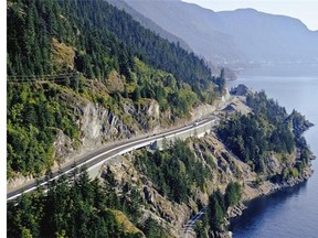 This view above the Sea to Sky Highway looks south toward Lions Bay.