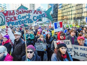 Thousands of people rally at the Vancouver Art Gallery and march through the city to bring attention to the global climate change issue Sunday November 29, 2015.