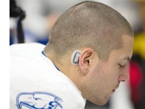 UBC Thunderbirds running back Brandon Deschamps sports a concussion sensor behind his ear as part of a research study.