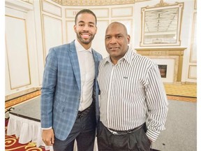 Toronto Blue Jays outfielder Dalton Pompey, left, and former Expo Tim Raines at the Fairmont Hotel Vancouver. Raines, currently roving outfield and base-running co-ordinator for the Blue Jays, says he believes Pompey is ready to play in the big league.