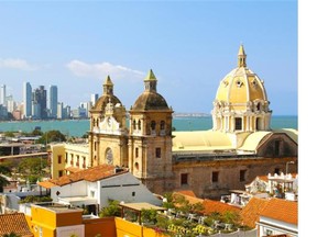 Historic center of Cartagena, Colombia with the Caribbean Sea visible on two sides.