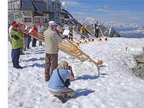Swiss alpenhorn players rehearse at Eggishorn.