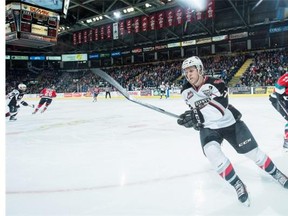 Tyler Benson of the Vancouver Giants skates against the Kelowna Rockets on Nov. 11 at Prospera Place in Kelowna.