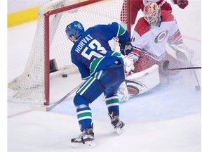 Vancouver Canucks centre Bo Horvat scores one of his two goals against the Carolina Hurricanes last week. 'We should've come out and scored more goals in the first period and get out to a lead because it's tough playing catch-up with those guys,' Horvat said Thursday night after the Canucks' 4-1 loss to the Washington Capitals.