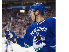 Vancouver Canucks forward Jannik Hansen celebrates the first of his two goals, including the game winner in overtime, in a 3-2 win over the Edmonton Oilers on Saturday at Rogers Arena.