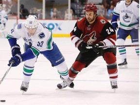 Vancouver Canucks’ Bo Horvat (53) skates with the puck in front of Arizona Coyotes’ Kyle Chipchura (24) during the first period of an NHL hockey game Friday, Oct. 30, 2015, in Glendale, Ariz.