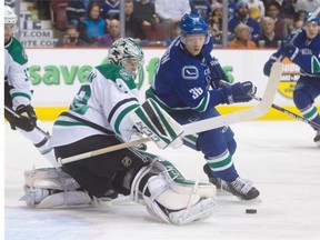 'Right now, a win is a win and it doesn't matter if it's against Buffalo or Dallas or Anaheim,' says Canucks winger Jannik Hansen, here wheeling to the net against Dallas Stars goalie Kari Lehtonen during a Rogers Arena game last season. 'It's the points we need right now.' Lehtonen is expected to start on goal for the Stars tonight.