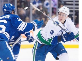 Jake Virtanen and his Vancouver Canucks teammates lost to the Toronto Maple Leafs in Toronto on Nov. 14, 2015.