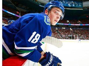 Vancouver Canucks rookie Jake Virtanen looks on from the bench during their Oct. 16, 2015 National Hockey League game against the visiting St. Louis Blues at Rogers Arena.