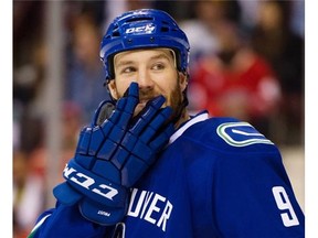 VANCOUVER. October 24 2015. Vancouver Canucks #9 Brandon Prust during a break in play against the Detroit Red Wings w in the first period of a regular season NHL hockey game at the Rogers arena, Vancouver. October 24 2015.  Gerry Kahrmann  /  PNG staff photo) ( For Prov / Sun Sports )  00039561A [PNG Merlin Archive]