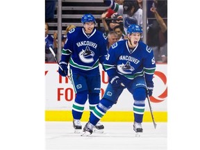 VANCOUVER, BC — OCTOBER 10: Bo Horvat #53 of the Vancouver Canucks celebrates after scoring a goal against the Calgary Flames as Sven Baertschi #47 looks on in NHL action on October, 10, 2015 at Rogers Arena in Vancouver, British Columbia, Canada. (Photo by Rich Lam/Getty Images)