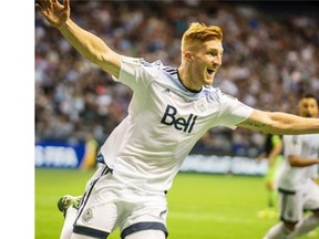 Vancouver Whitecaps centre back Tim Parker celebrates his goal against the Seattle Sounders during the CONCACAF Champions League Group F soccer game in Vancouver in August 2015.