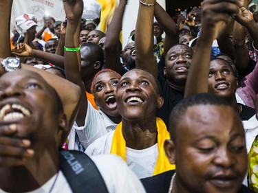 Supporters of newly re-elected Congo President Denis Sassou Nguesso celebrate his victory in Brazzaville on March 24, 2016 after the Independent Electoral Commission declared him the winner. Nguesso extended his 32 years in power winning elections in the first round with 60 percent of the vote, the interior minister said on March 24. EDUARDO SOTERAS/AFP/Getty Images