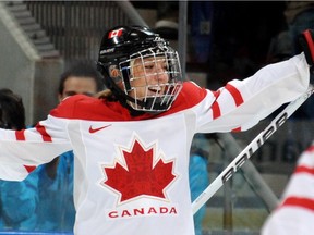 Meghan Agosta celebrates a Team Canada goal at the 2010 Winter Olympics in Vancouver.