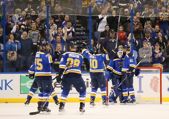 St. Louis Blues goaltender Brian Elliott, second from right, is congratulated by teammates Robert Bortuzzo, right, and Scottie Upshall after shutting out the Vancouver Canucks, 4-0, on Friday, March 25, 2016, at the Scottrade Center in St. Louis. (Chris Lee/St. Louis Post-Dispatch/TNS via Getty Images)
