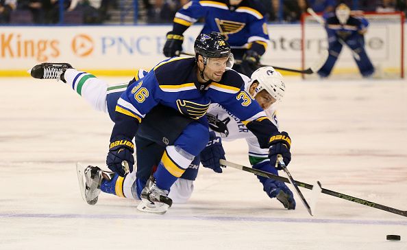 The St. Louis Blues' Troy Brouwer (36) competes for the puck against the Vancouver Canucks' Emerson Etem in the first period on Friday, March 25, 2016, at the Scottrade Center in St. Louis. The Blues won, 4-0. (Chris Lee/St. Louis Post-Dispatch/TNS via Getty Images)