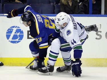 St. Louis Blues' Dmitrij Jaskin, of Russia, and Vancouver Canucks' Matt Bartkowski, right, get tangled up during the second period of an NHL hockey game Friday, March 25, 2016, in St. Louis. (AP Photo/Jeff Roberson)