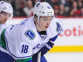 CALGARY, AB - FEBRUARY 19: Jake Virtanen #18 of the Vancouver Canucks in action against the Calgary Flames during an NHL game at Scotiabank Saddledome on February 19, 2016 in Calgary, Alberta, Canada. (Photo by Derek Leung/Getty Images)  [PNG Merlin Archive]