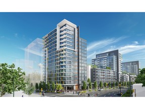 Epic at West, a project from Executive Group Development on Columbia Street in Vancouver. Rendering - building exterior. [Handout] For Westcoast Homes profile on March 26, 2016.  [PNG Merlin Archive]