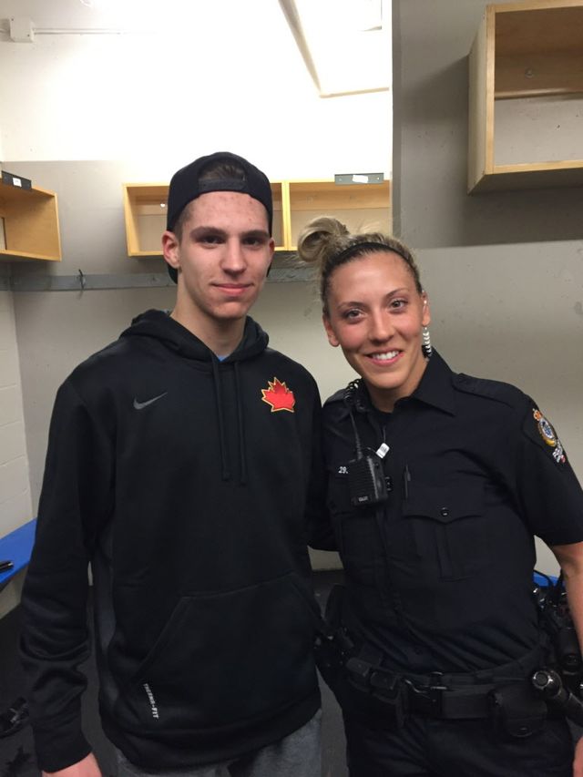 Meghan Agosta in her VPD uniform with Langleys Valley West Hawks Luka Burzan. (SUBMITTED IMAGE/VALLEY WEST HAWKS)
