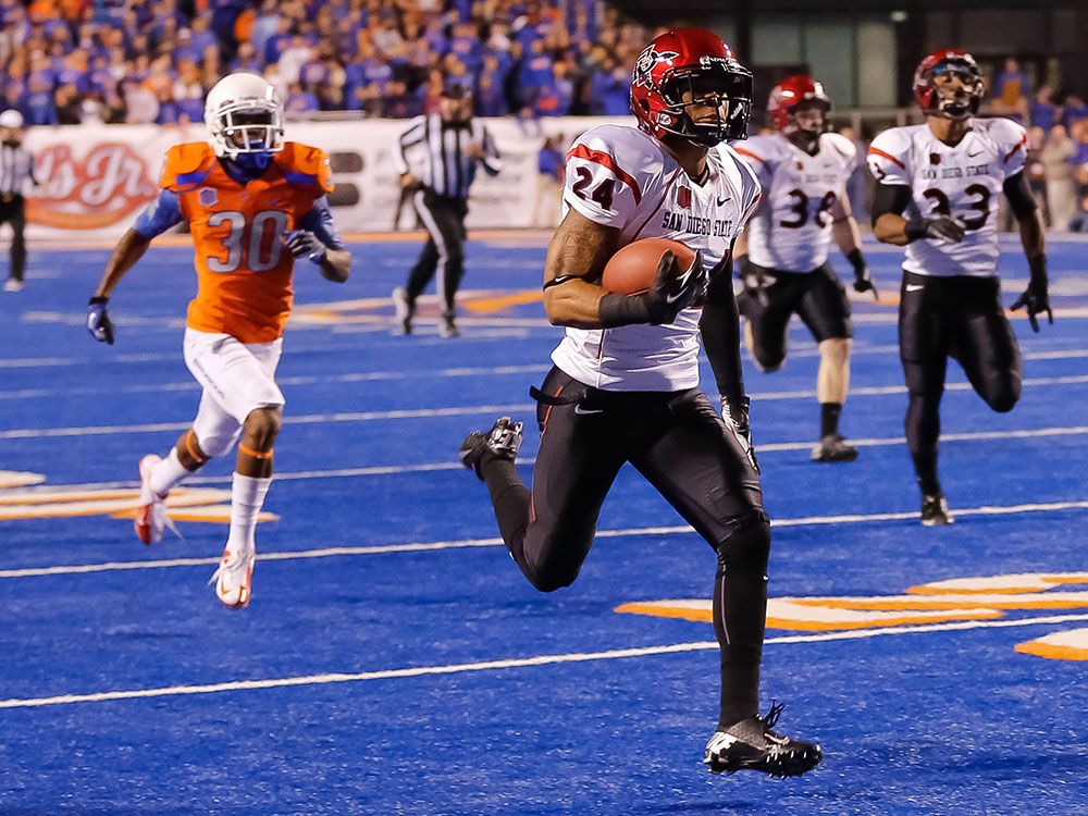 BOISE, ID - NOVEMBER 03: Colin Lockett #24 of the San Diego State Aztecs returns the opening kickoff for a touchdown against the Boise State Broncos at Bronco Stadium on November 3, 2012 in Boise, Idaho. (Photo by Otto Kitsinger III/Getty Images)
