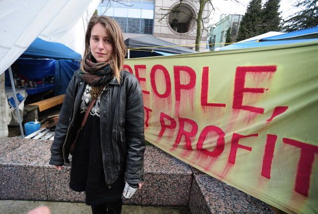 Kristin Henry on a hunger strike outside the BC Hydro headquarters to protest the Site C dam, in Vancouver, BC., March 27, 2016. (Nick Procaylo/PNG) 