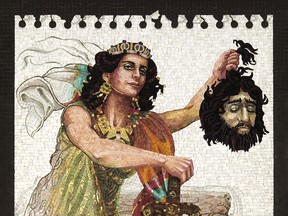 This mosaic depicts a proud, yet not overjoyed Judith, displaying the head of Holofernes. The mosaic is part of a series on the Jewish heroine from an exhibition by Vancouver artist Lilian Broca.