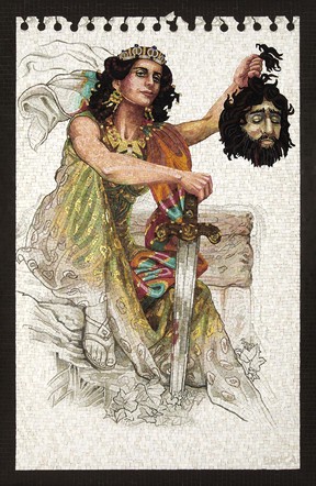 This mosaic depicts a proud, yet not overjoyed Judith, displaying the head of Holofernes. The mosaic is part of a series on the Jewish heroine from an exhibition by Vancouver artist Lilian Broca.