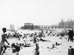 Sun bathers at English Bay in 1920 enjoying stylish beach chairs. Vancouver Parks Board is planning a two year pilot program to allow a vendor to set up a beach chair and umbrella rental shop in English Bay so today's sun worshipper can enjoy the same amenity easily.