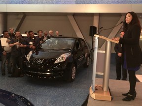 Naomi Yamamoto, North Vancouver MLA, announces incentive programs for the adoption of electric vehicles on the eve of the Vancouver International Auto Show.