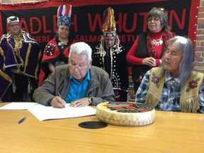 eorge George Sr., whose Nadleh Whut'en hereditary leadership name is Yutunayeh, signs a water policy declaration that covers the traditional territory of his First Nation and that of the Stellat'en. Nadleh Whut'en chief Martin Louie looks on.