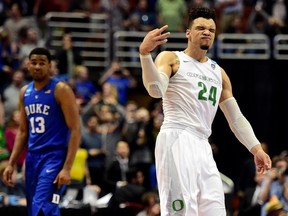 Mississauga, Ont., native Dillon Brooks of the Oregon Ducks reacts late in the second half against the Duke Blue Devils inn the 2016 NCAA men's basketball tournament West Regional at the Honda Center in Anaheim, Calif., on Thursday.