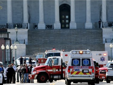 Emergency personnel and law enforcements officers gather outside the U.S. Capitol after at least one person was shot in the Capitol Visitor Center March 28, 2016 in Washington, DC. The Capitol was placed in "lock down" following the shooting.