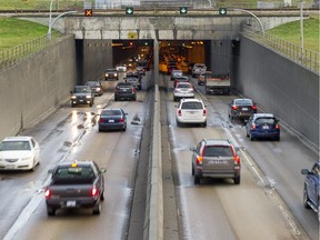 Traffic moves in and out of the George Massey Tunnel in Richmond.