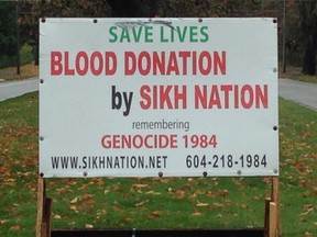 A sign at a University of B.C. entrance supporting the blood drive by the Sikh Nation.