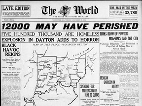 The front page of the March 26, 1913 Vancouver World, which reported on a deadly flood in Dayton, Ohio.