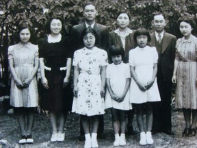 VANCOUVER, B.C., March 14, 2012 -- The University of B.C. plans to honour its former Japanese-Canadian students who were pulled out of their classrooms and sent to internment camps in 1942 by granting them honorary degrees. It also plans to publicly grant degrees to those students who had already graduated but missed their graduation ceremony because of the internments. This will all happen at UBC's annual congregation in May. Fred Sasaki was one of the students removed from the university. This is the Sasaki family circa 1937: front 3, sister Kaneko, sister Ryoko, sister Nobuko, back row, sister Tetsuko, sister Keiko, Fred, mother Midori, father Shuichi, sister Sumiko. With story by Kent Spencer.
-- Submitted photo